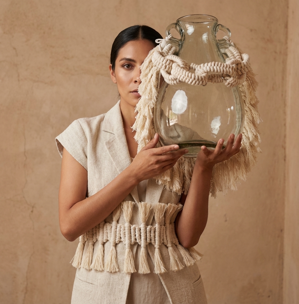 Mujer mostrando un jarrón enebro de la colección KU