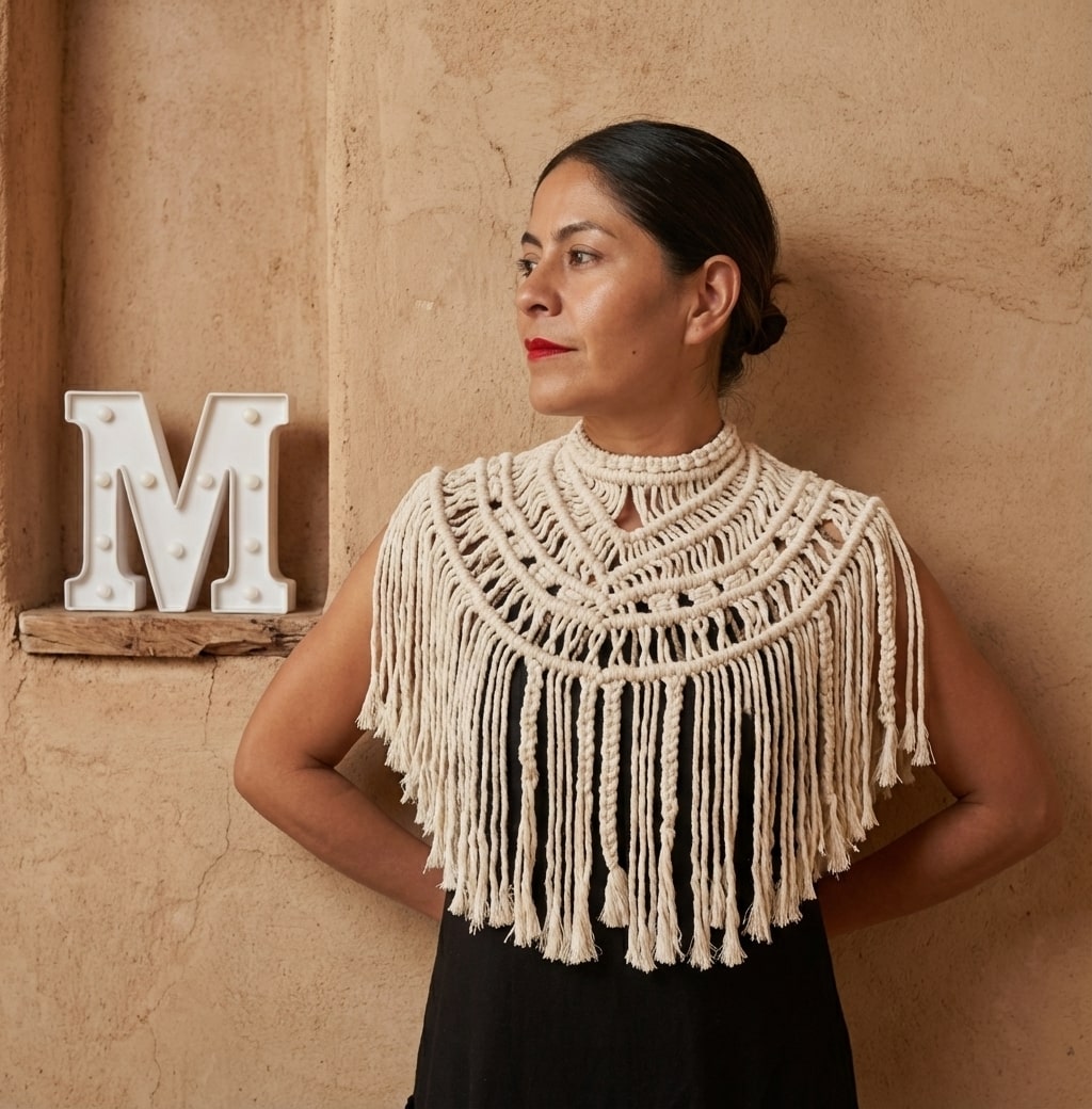 Modelo mujer mostrando pechera de diseñadora