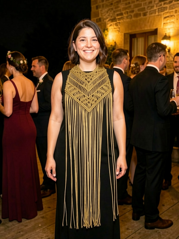 Mujer mostrando pechera bospi color dorado