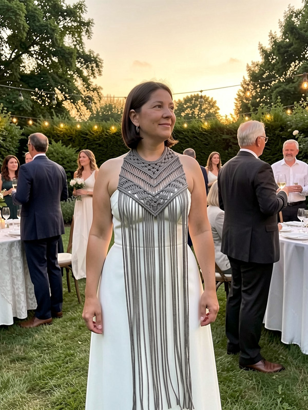 Mujer mostrando pechera bospi larga color gris oxford