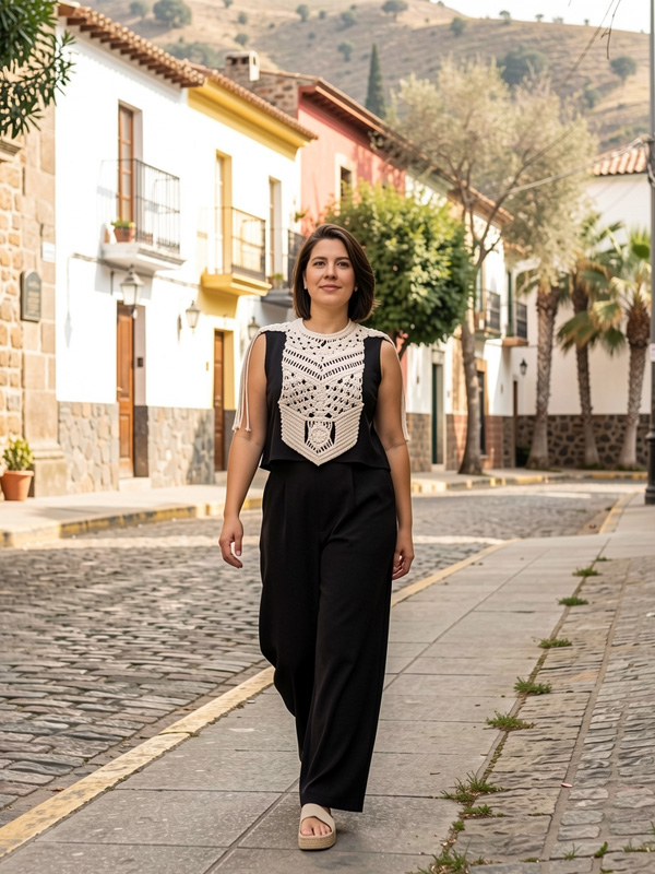 Mujer mostrando pechera bospi corta en color crudo