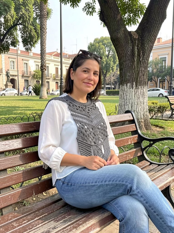 Mujer mostrando pechera bospi corta en color gris oxford