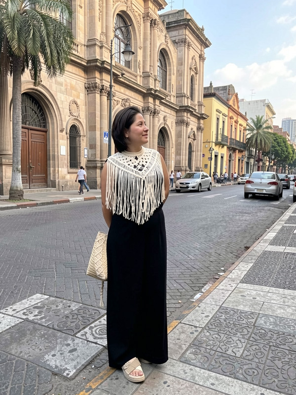 Mujer mostrando pechera bospi semi-larga color crudo