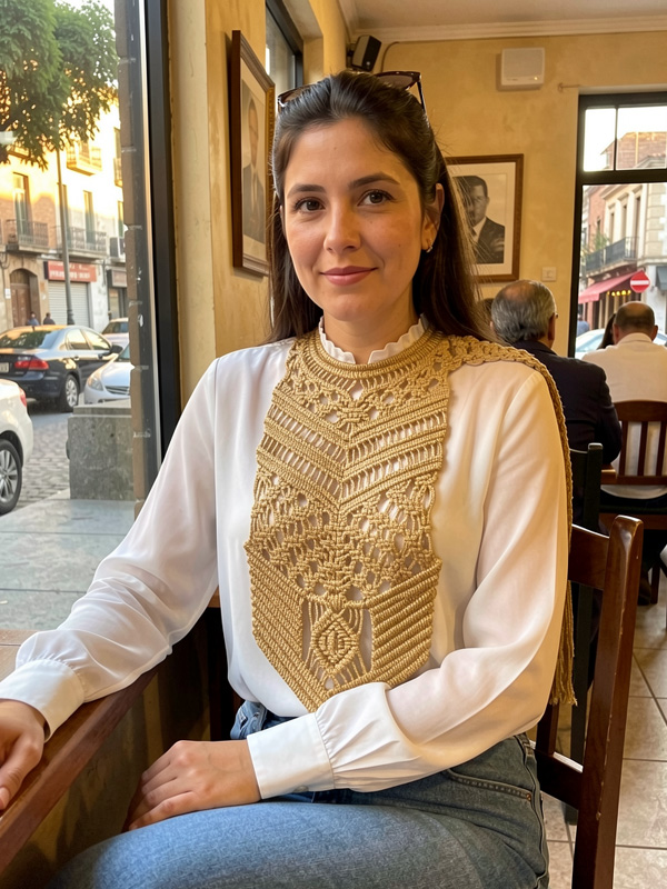 Mujer mostrando pechera bospi corta en color dorado