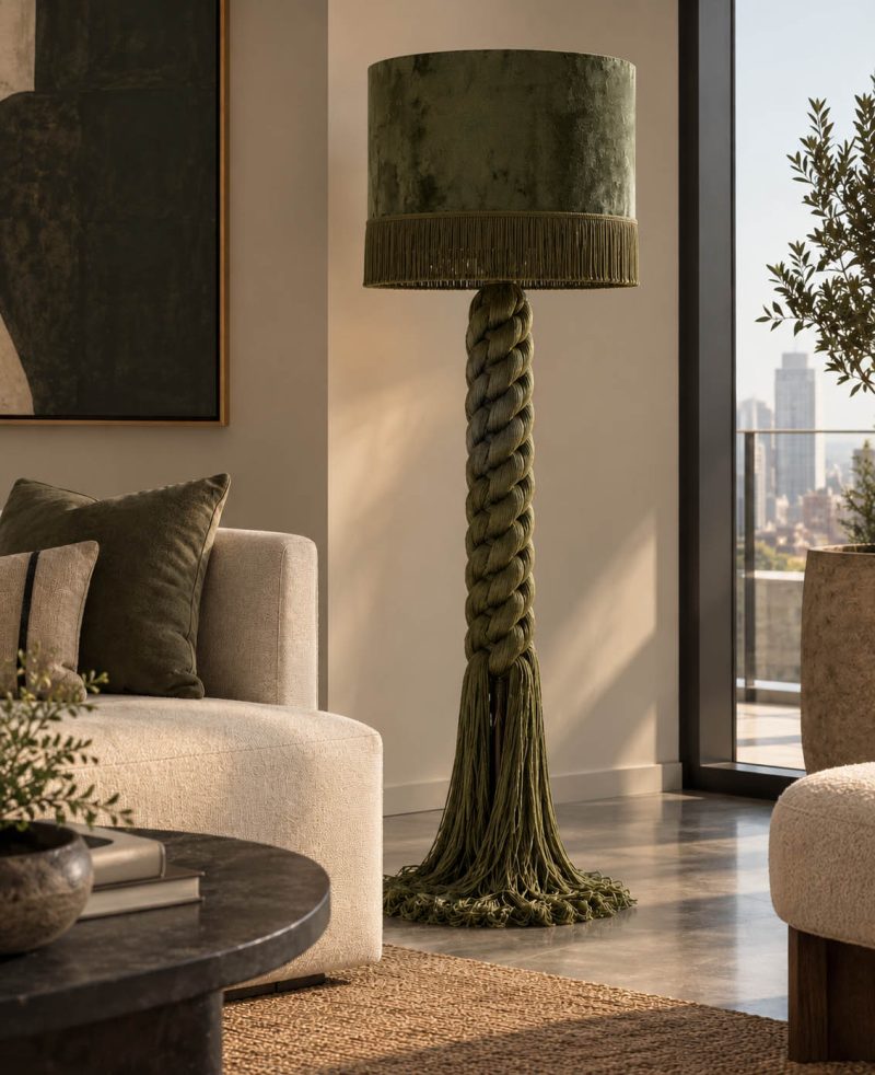 Lámpara de piso con anudado color verde oscuro